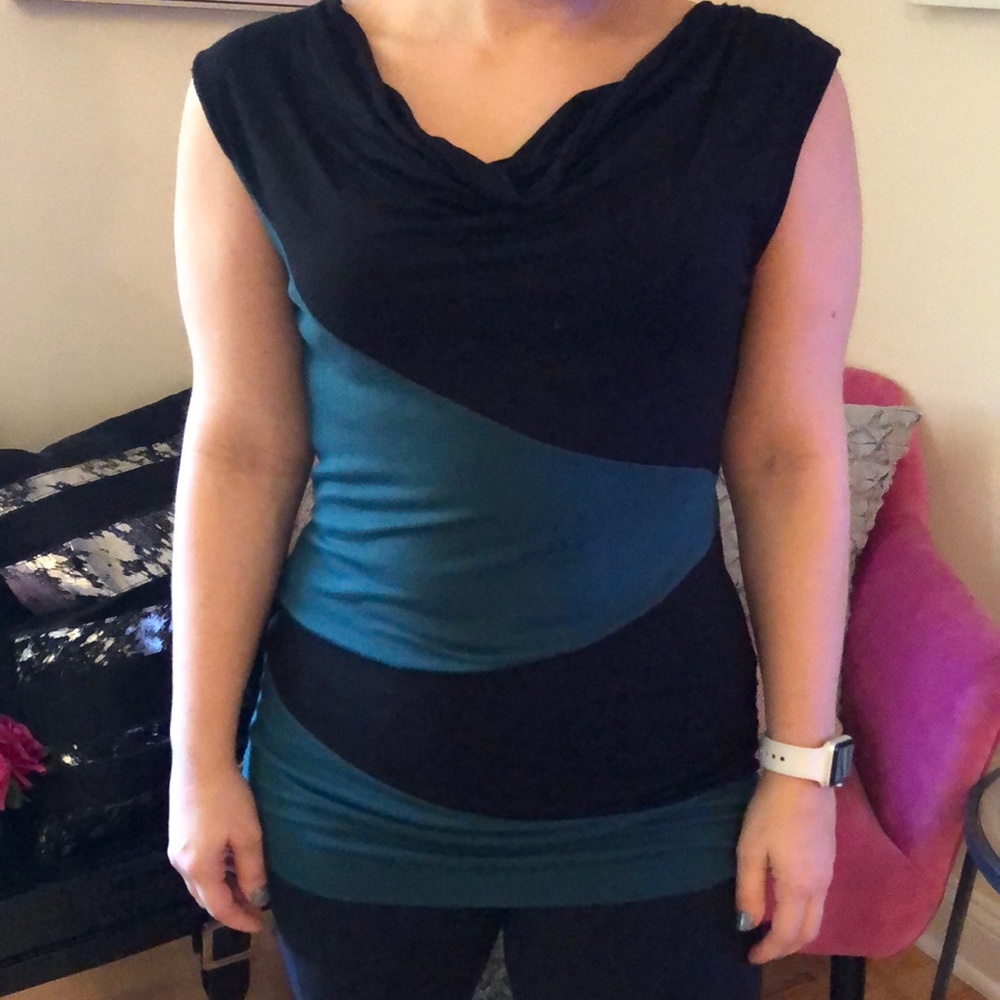 Black and greenish blue top